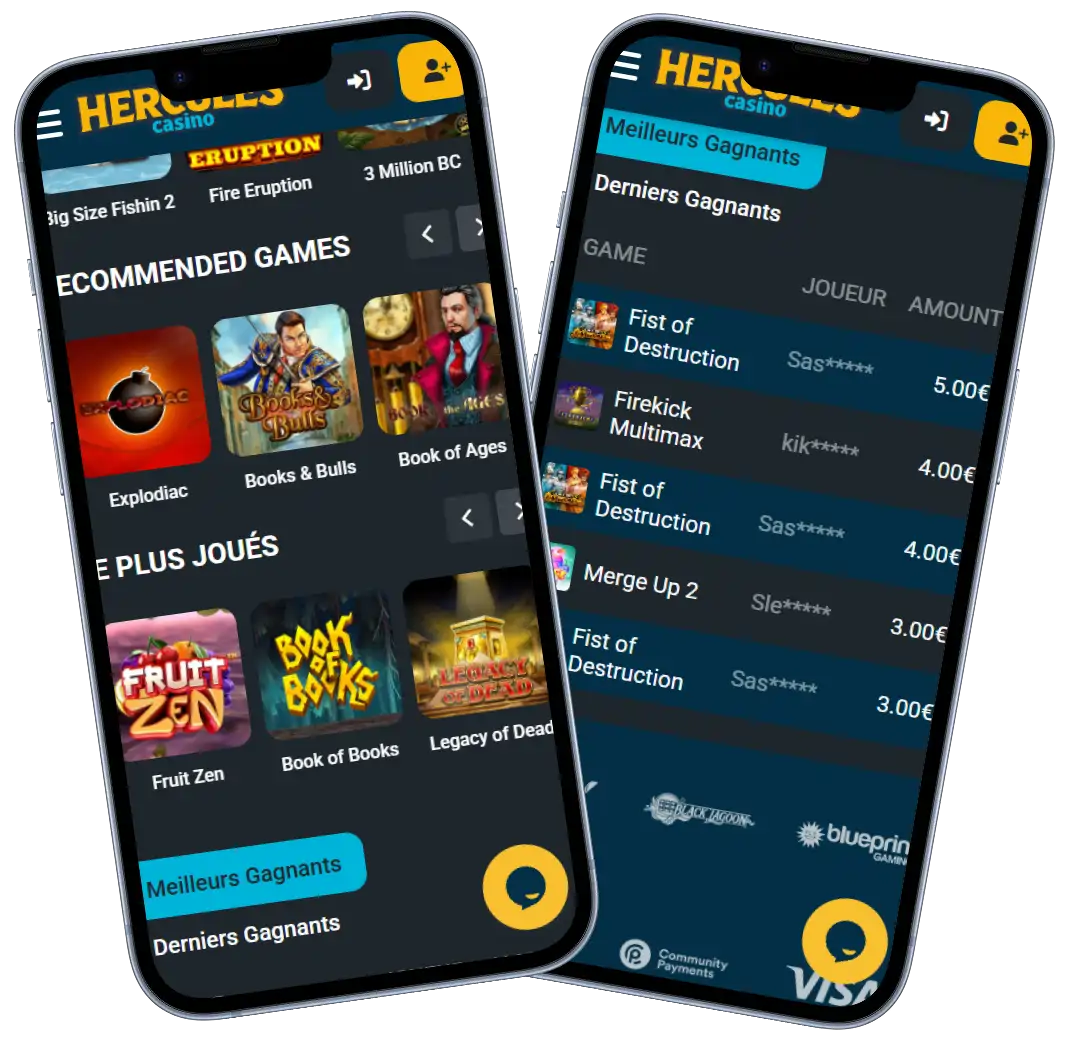 Hercules Casino interface mobile avec application affichant les jeux recommandés et la section des derniers gagnants sur smartphone