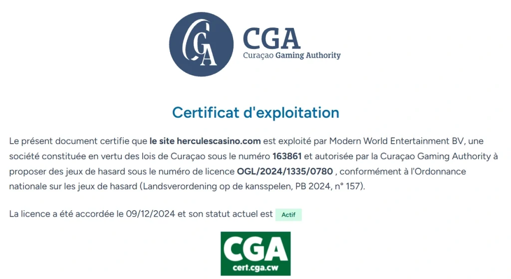 Hercules Casino certificat de licence de la Curaçao Gaming Authority confirmant l’exploitation du site avec numéro officiel et statut actif