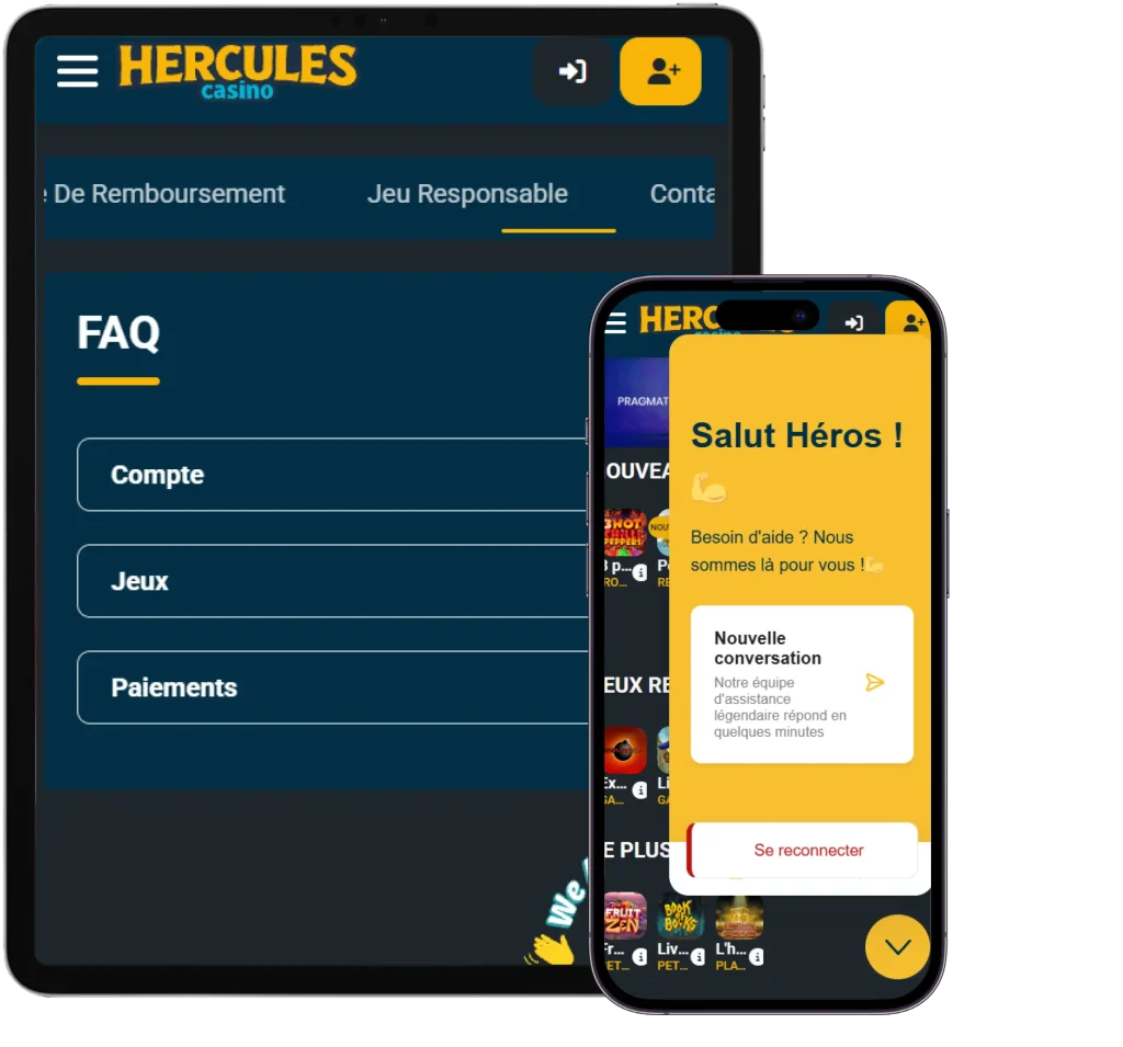 Hercules Casino interface mobile avec section FAQ, catégories Compte Jeux Paiements et fenêtre de support chat en direct