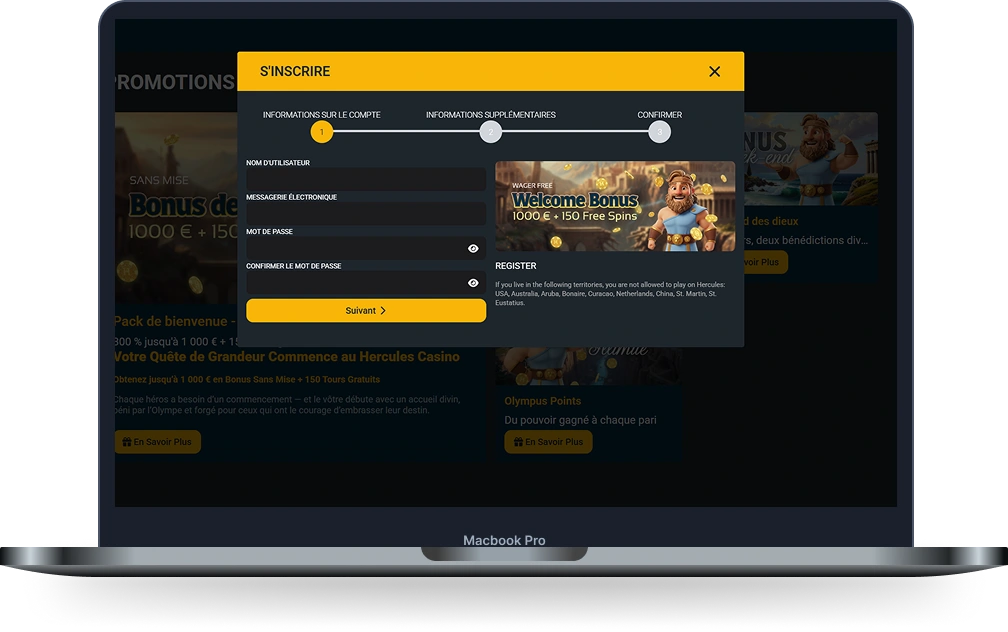 Hercules Casino formulaire d’inscription affiché sur ordinateur MacBook Pro avec étapes de création de compte et bonus de bienvenue