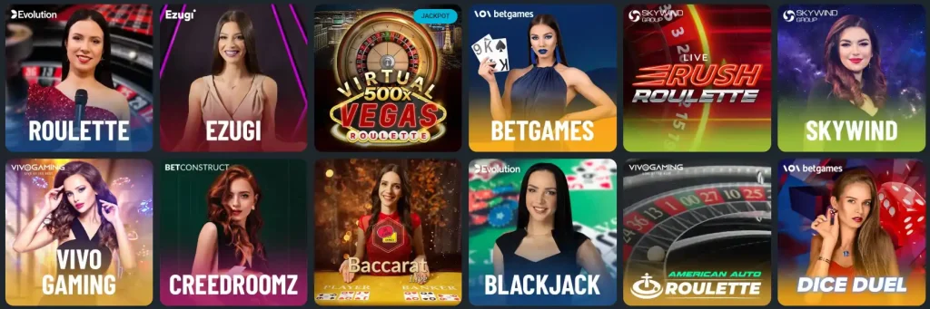 Hercules Casino section jeux de casino en direct avec roulette blackjack baccarat et tables live de fournisseurs Evolution et autres studios