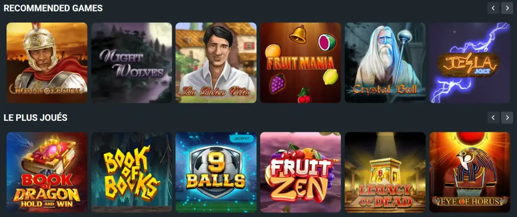 Hercules Casino interface avec sections jeux recommandés et jeux les plus joués affichant plusieurs machines à sous populaires