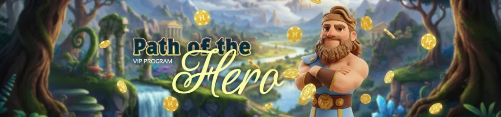 Hercules Casino programme VIP Path of the Hero avec personnage héroïque et pièces d’or flottantes dans un décor mythologique