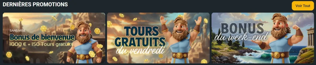Hercules Casino section promotions avec bonus de bienvenue 1000 € tours gratuits et offres du week-end affichées sur bannières